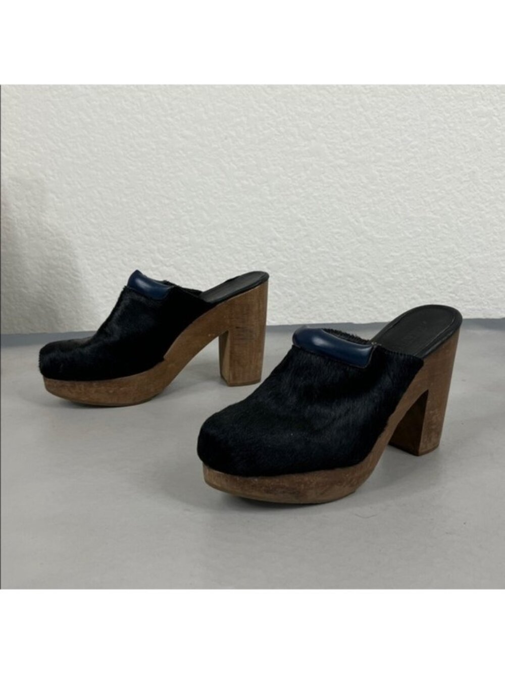 Rachel Comey Wood Platform Ponyhair Contrast Leather Mules Clogs Heels